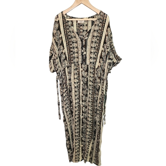 Vintage Boho Nature-inspired Full Tribal Print Geometric Maxi Dress Belted Plus - Picture 1 of 4